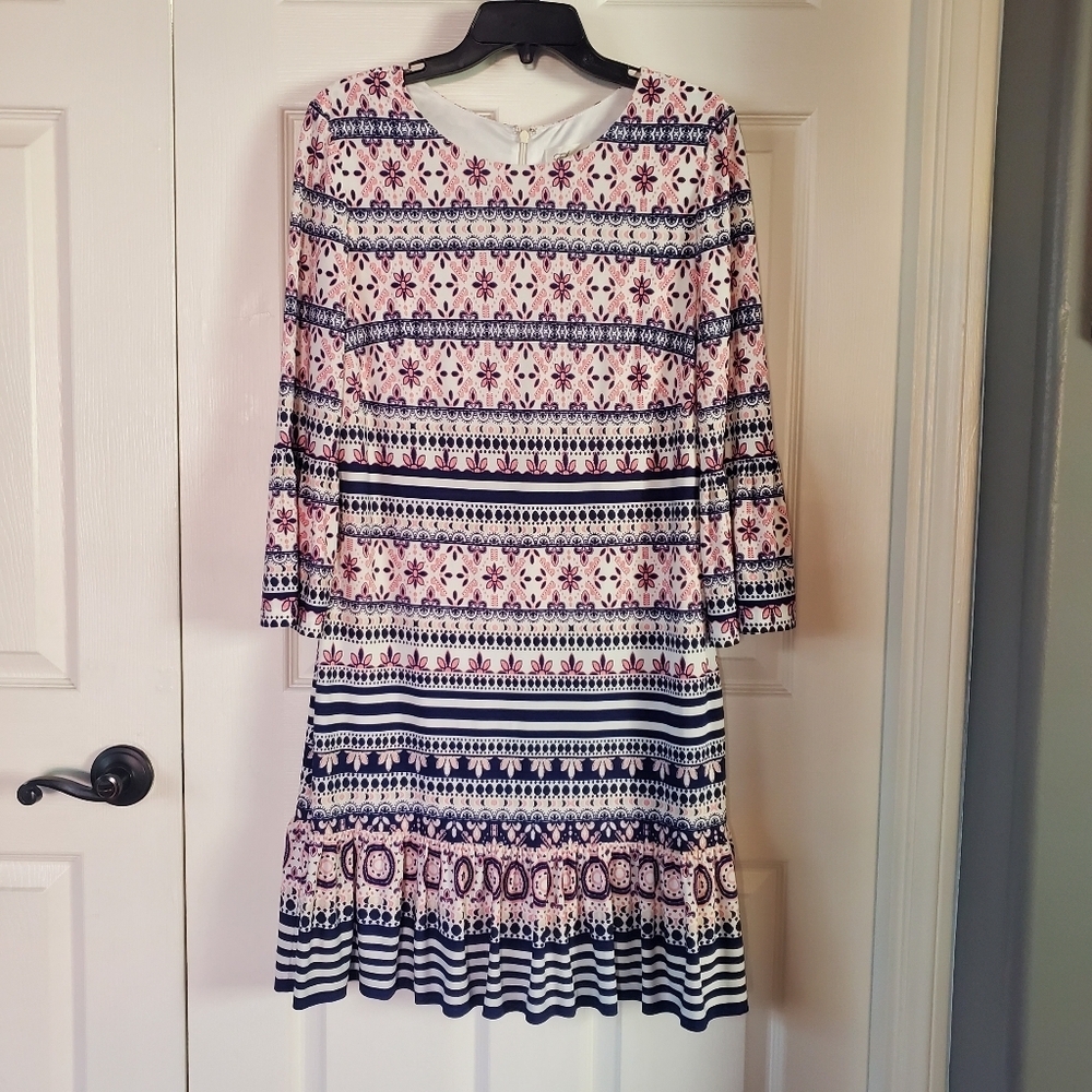 Eliza J Multicolor Midi Dress Bell Sleeves Ruffled Hem Shift Sheath Size 12